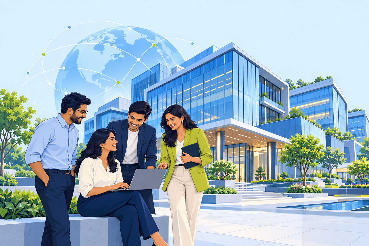 Editorial illustration of a global capability center and its team