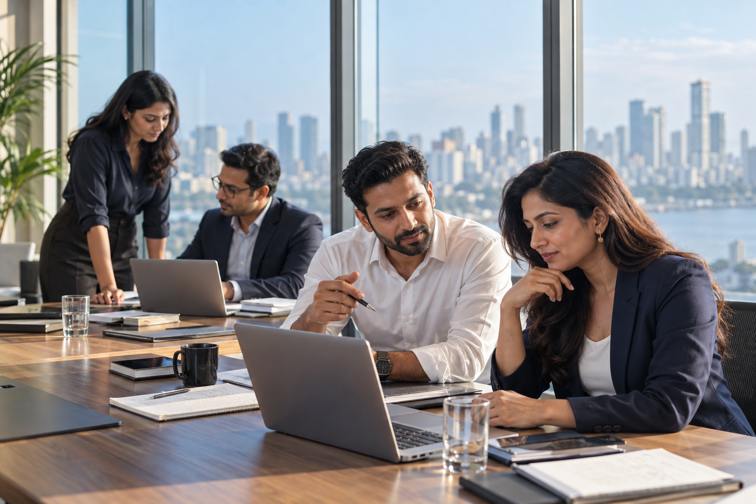 Professionals collaborating on a business plan in a bright contemporary office